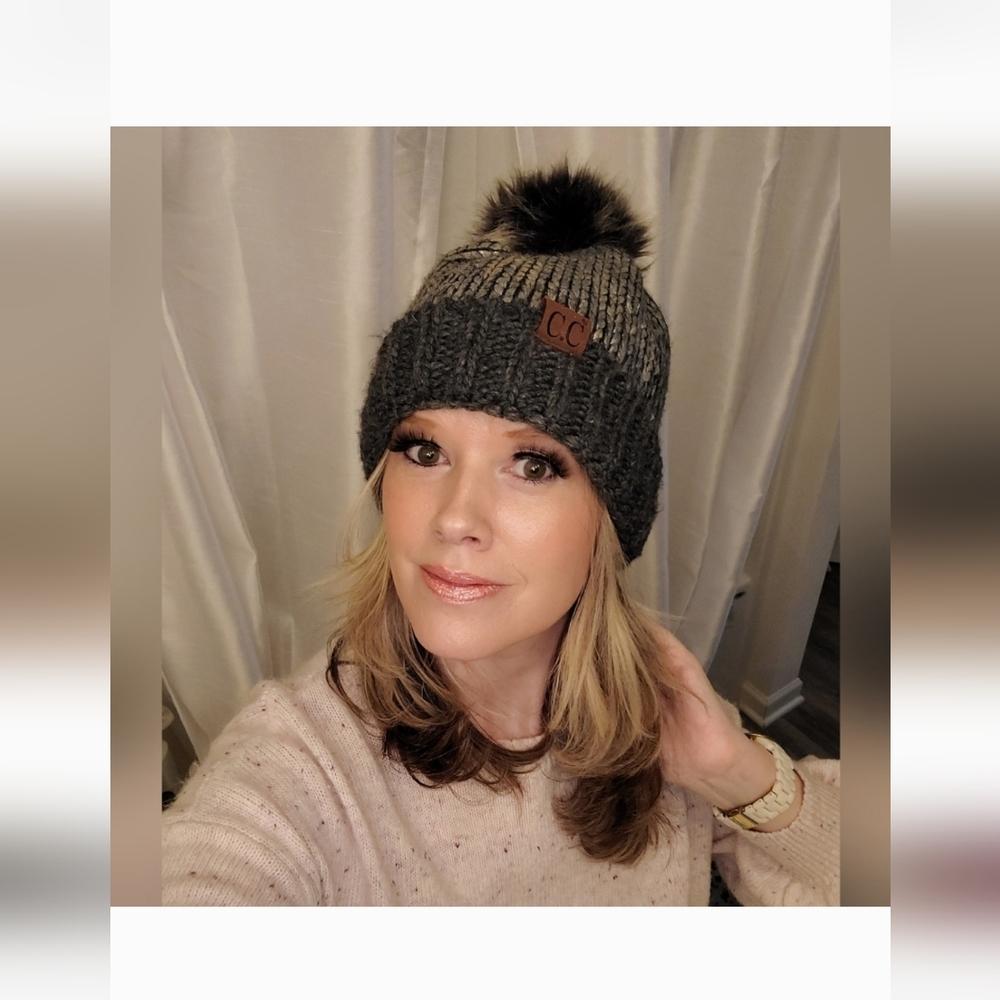 C.C Women's Faux Fur Pom Shiny Metallic Finished Knit Beanie Hat